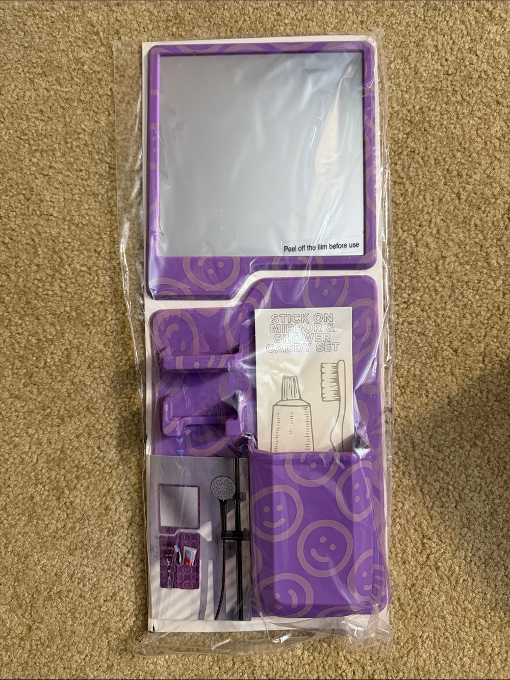 Purple Stick-On Mirror with Shower Caddy Organizer